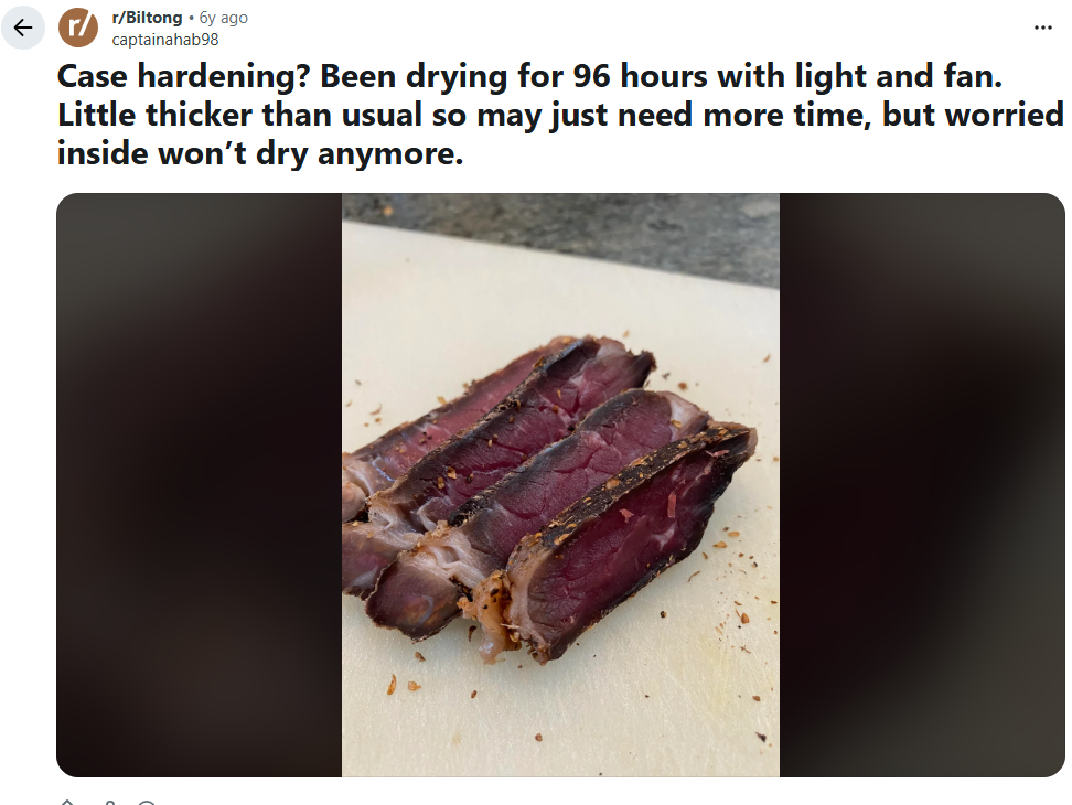 Case hardened biltong with a hard dry shell outside and a soft wet centre