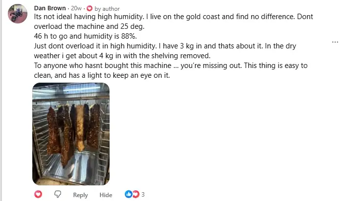 Facebook comment from a Biltong Boss owner on the Gold Coast drying biltong at 88% humidity