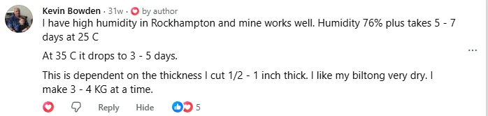 Facebook comment from a Biltong Boss owner in Rockhampton drying biltong at 76% humidity