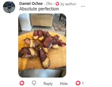 Facebook comment from Daniel Ochse with a photo of sliced biltong on a board: Absolute perfection