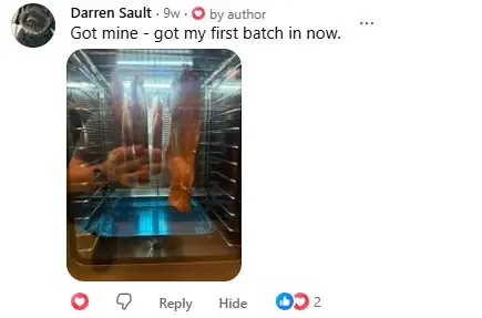 Facebook comment from Darren Sault with a photo of meat hanging in his cabinet: Got mine, got my first batch in now.