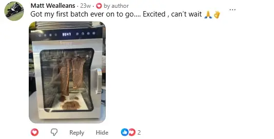 Facebook comment from Matt Wealleans with a photo of his first batch hanging: Got my first batch ever on to go. Excited, can't wait