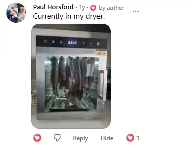Facebook comment from Paul Horsford with a photo of biltong hanging in the cabinet: Currently in my dryer.