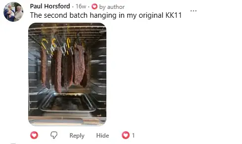 Facebook comment from Paul Horsford with a photo of biltong hanging: The second batch hanging in my original KK11