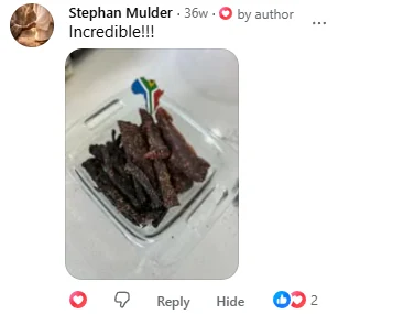 Facebook comment from Stephan Mulder with a photo of a tub of biltong: Incredible!!!